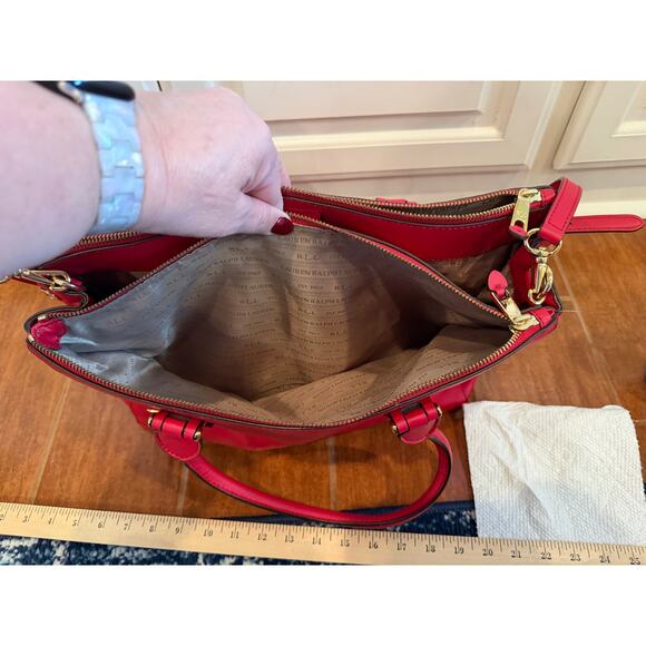 Lauren Ralph Lauren Red Newbury Double Zip Satchel Handbag Purse - Picture 11 of 15